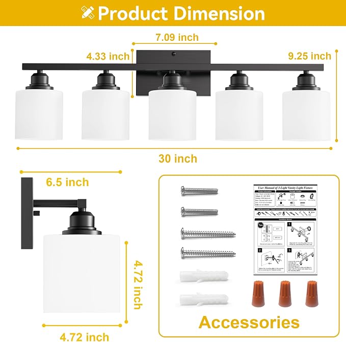 Sailstar 5-Light Bathroom Light Fixtures Over Mirror, Matte Black Vanity Lights - Image 6