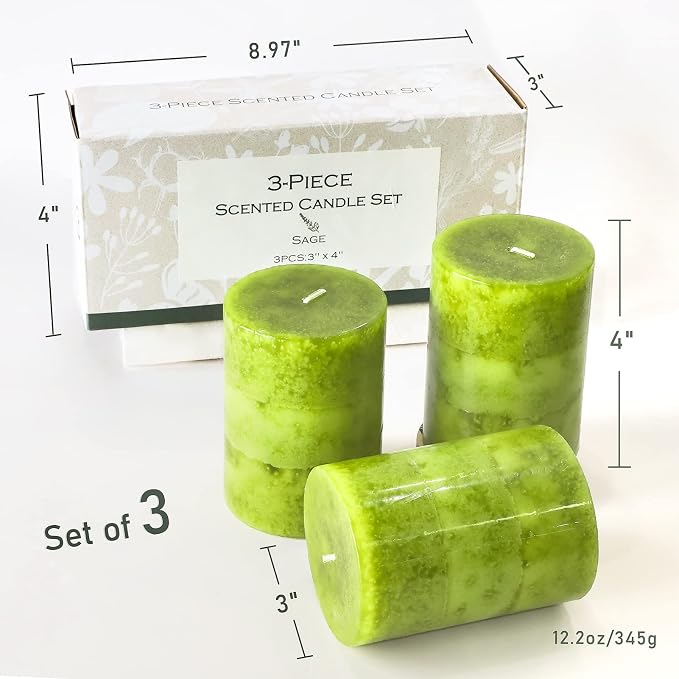 Green Pillar Candles Set of 3 Sage Scented Long Burning Candles 3x4 inch - Image 7