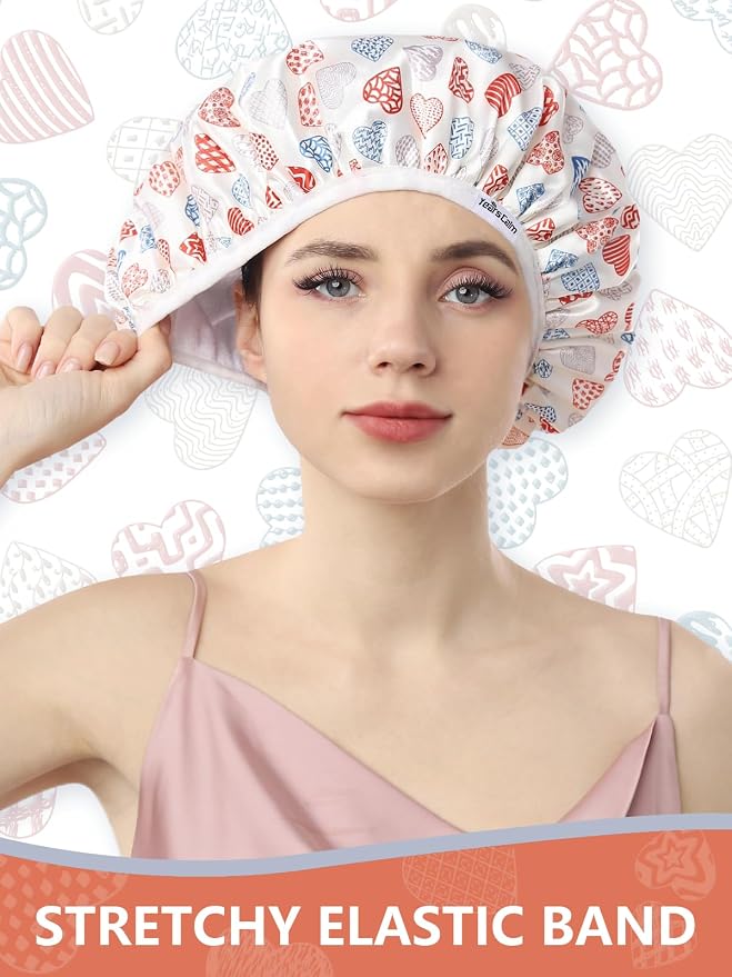 Years calm Terry Lined Shower Cap, Triple Layer Heart Motifs, Waterproof - Image 4