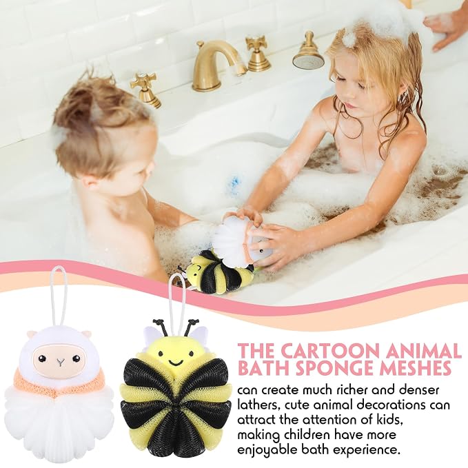Nuenen 2 Pcs Bath Loofahs Kids Toddler Cute Cartoon Bath Sponges Loofah Pouf - Image 5