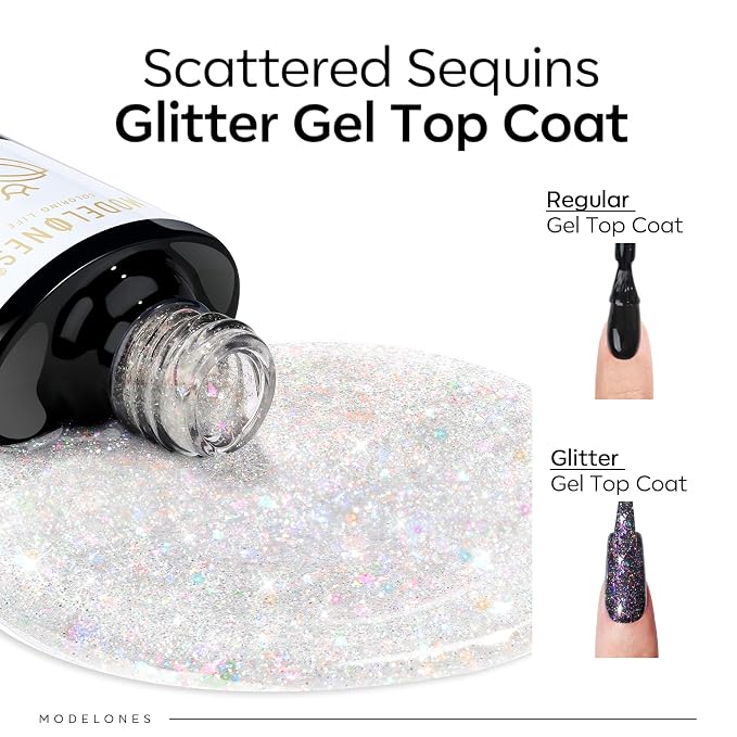 modelones Glitter Gel Nail Polish Top Coat, Rainbow Confetti Gel Top Coat - Image 2