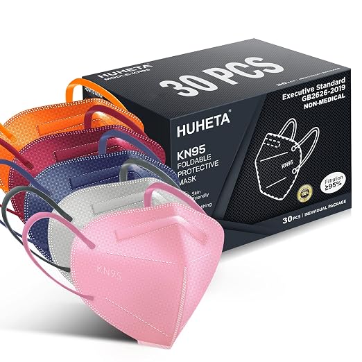 HUHETA KN95 Face Mask, 30 Pack Individually Wrapped, 5-Ply Breathable and by HUHETA