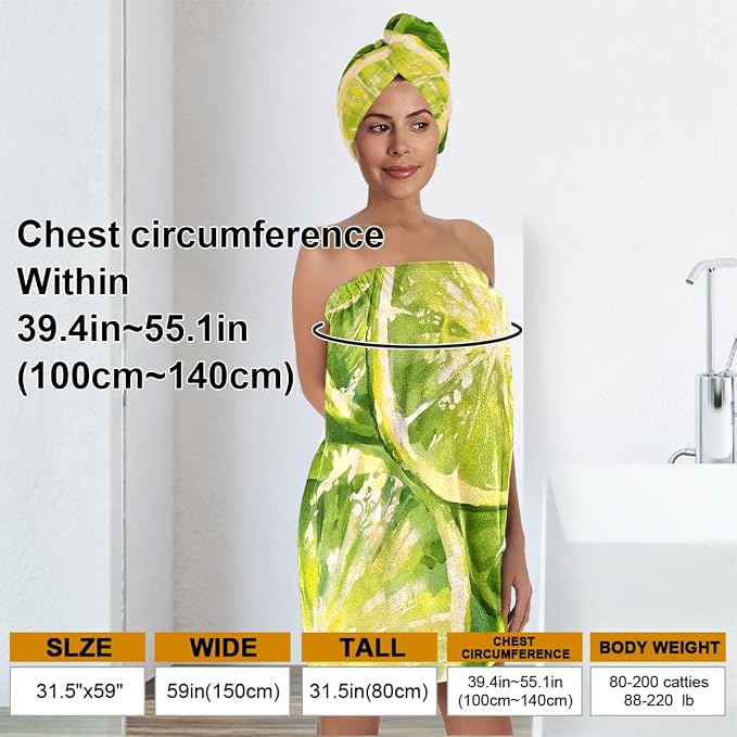 Women’s Citrus Bath Skirt and Hair Towel Wrap Set, Lightweight Absorbent - Image 3