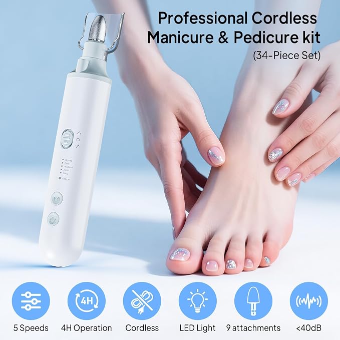 Professional Manicure Pedicure Kit, Electric Nail File Set, 5 Speeds Hand Foot - Image 3