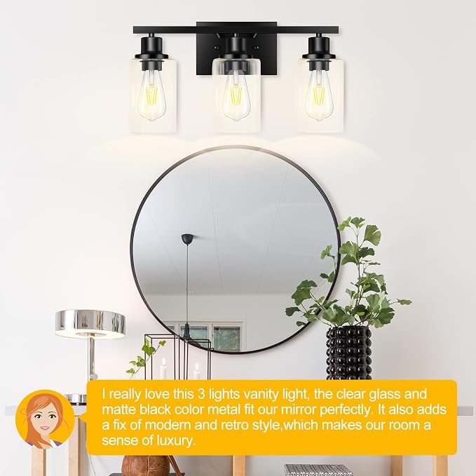 3-Light Vanity Light, Matte Black Bathroom Lighting Fixtures Over Mirror - Image 4