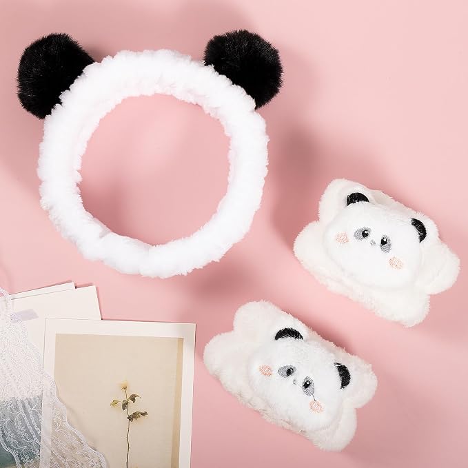 Pom Pom Panda Ears Plush Wash Face Headband Spa Wrist Band Cuffs Hair Scrunchy - Image 2