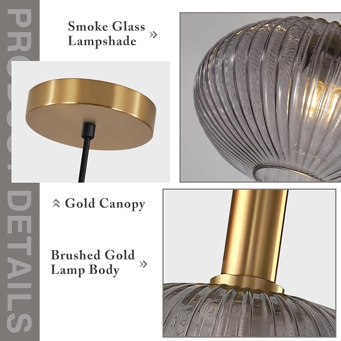 KCO Lighting Mid Century Modern Gold Glass Pendant Lighting Smoke Grey Globe - Image 3