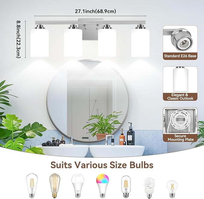 Brushed Nickel 4-Light Bathroom Light Fixtures, Classic Wall Light Fixture - Image 8