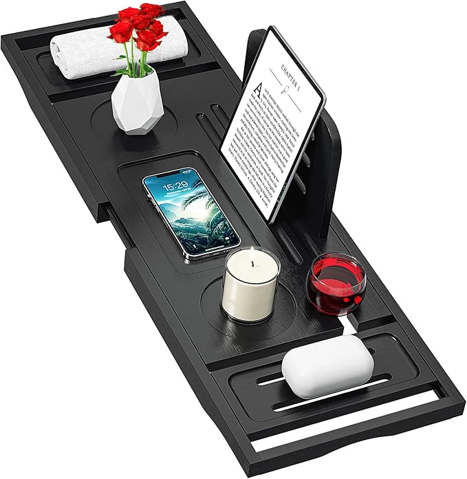 Bathtub Tray Caddy Black- Bath Tray Black by Banlilu