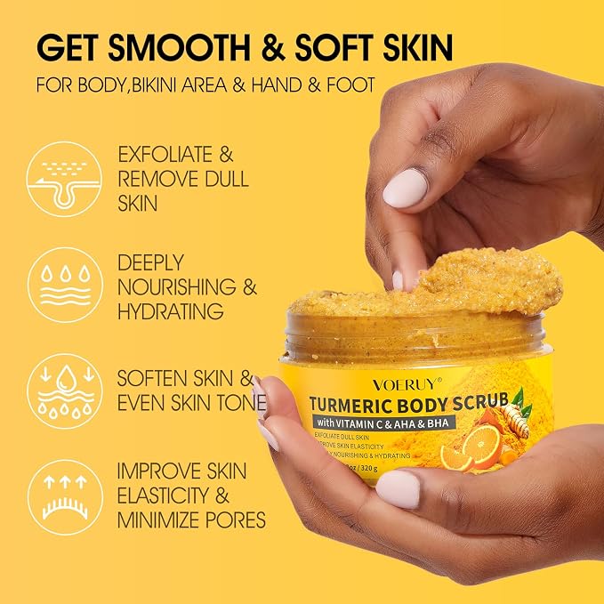 VOERUY Turmeric Body Scrub, 10% AHA/BHA & Vitamin C Exfoliating Body Scrub - Image 3