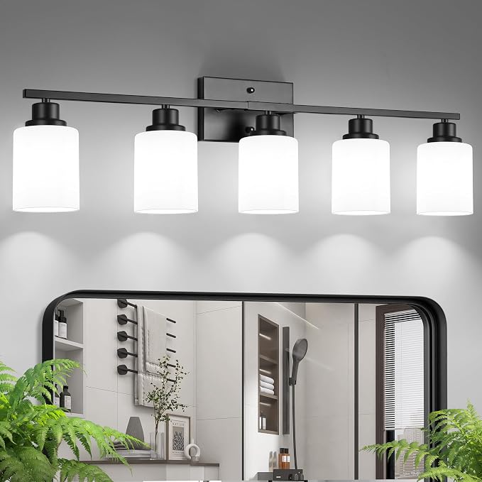 Ascher Bathroom Light Fixtures, 5-Light Vanity Light Over Mirror, Matte Black by Ascher
