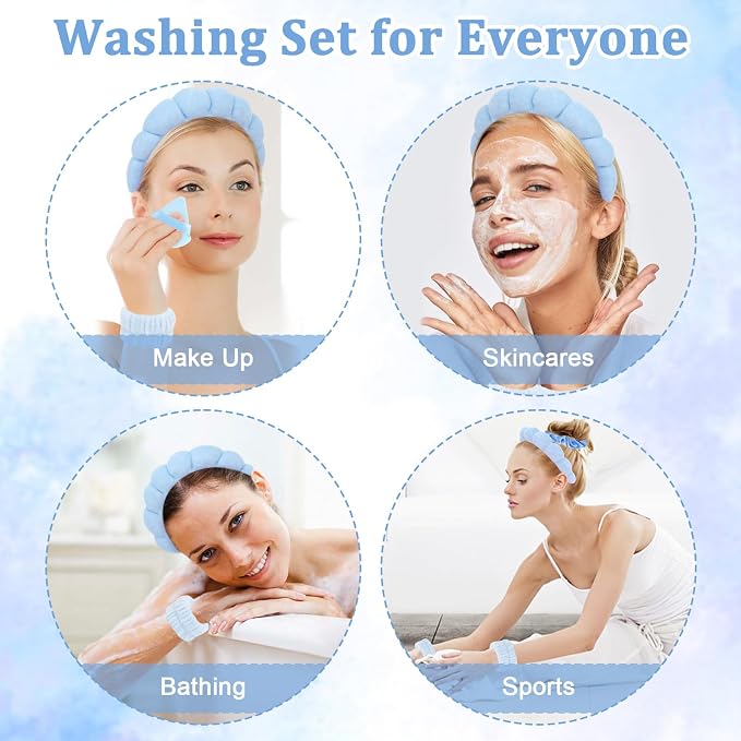 7Pcs Spa Set - Puffy Headband, Wristbands, Powder Puffs, Makeup Removal Terry - Image 3