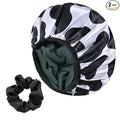 Black Cow Print Satin Shower Cap, Three-Layer Terry Cloth Lined, by Yonchic