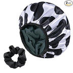 Black Cow Print Satin Shower Cap, Three-Layer Terry Cloth Lined, by Yonchic