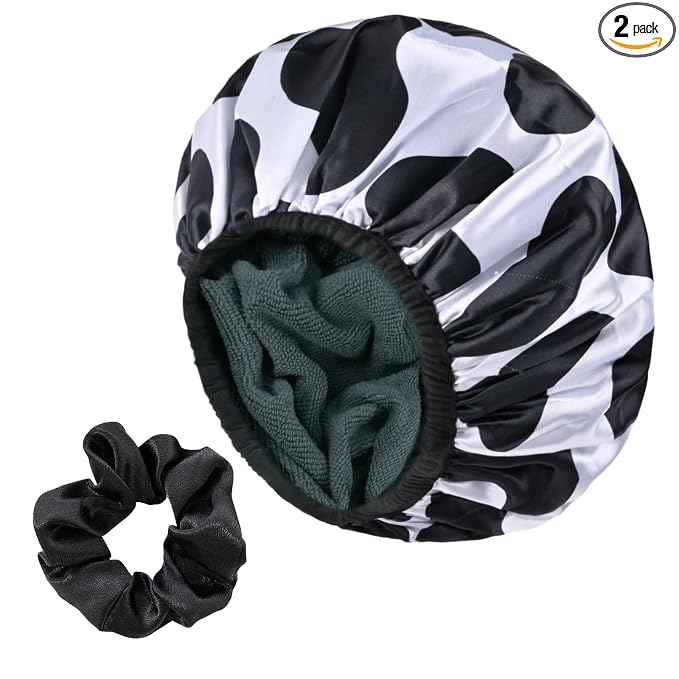 Black Cow Print Satin Shower Cap, Three-Layer Terry Cloth Lined, by Yonchic