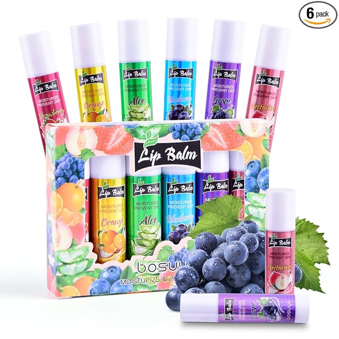 6 Pack Lip Balm, Fruit Flavoured Lip Balms, All Day Moisturising, Soft Natural by Unknown