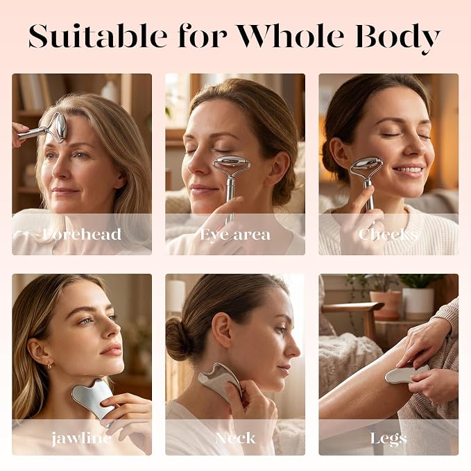 BAIMEI Stainless Steel Gua Sha & Face Roller Set, Facial Massage Tool - Image 6
