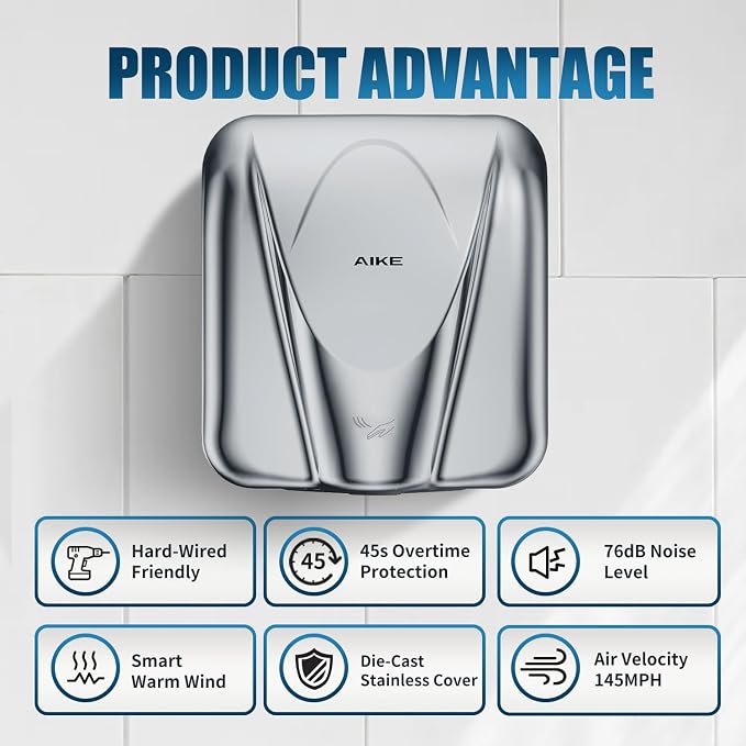 AIKE Elephant Power Commercial Hand Dryer High Speed Auto Warm Wind, Polished - Image 5