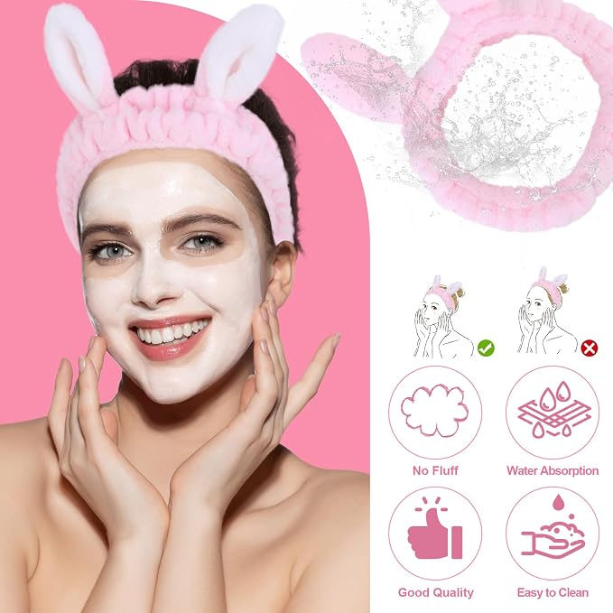 Cute pink Rabbit Ears Headband Frog Eye Elastic to Wash Face - Image 4