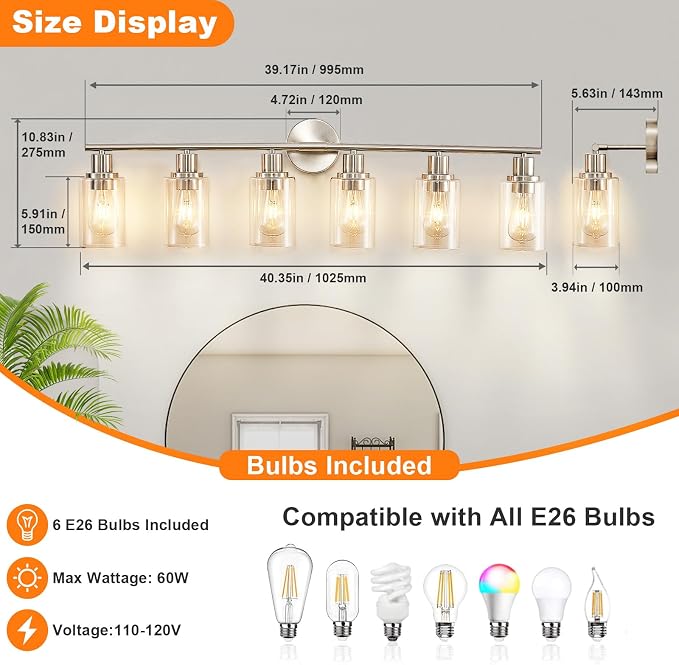 DLLT 6-Light Bathroom Light Fixtures: Nickel Modern Vanity Lights - Image 3