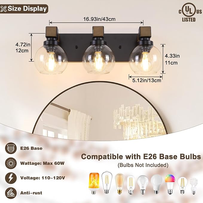 Farmhouse Bathroom Light Fixtures, 3-Light Rustic Wood Bathroom Lights Over - Image 2