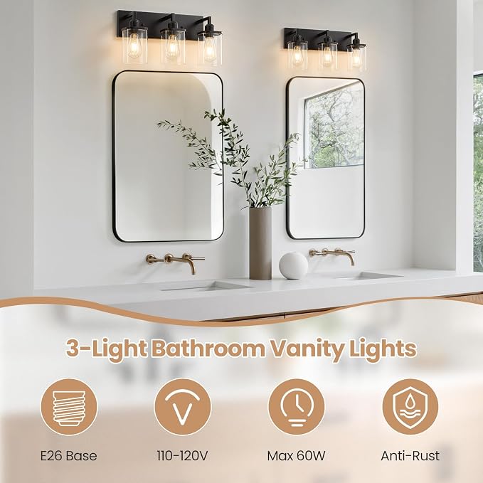 3-Light Bathroom Vanity Light Fixtures, Modern Matte Black Bathroom Lighting - Image 6