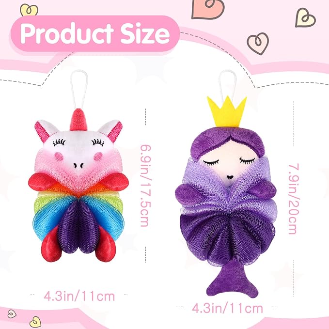 Nuenen 2 Pcs Bath Loofahs Kids Toddler Cute Cartoon Bath Sponges Loofah Pouf - Image 2