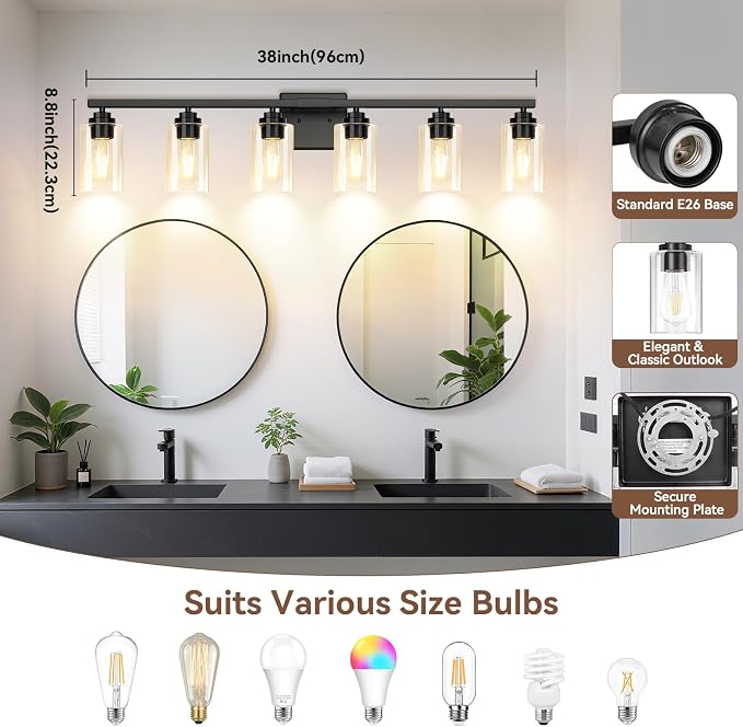 6-Light Bathroom Light Fixtures, Matte Black Light Fixture, Classic Wall Light - Image 8