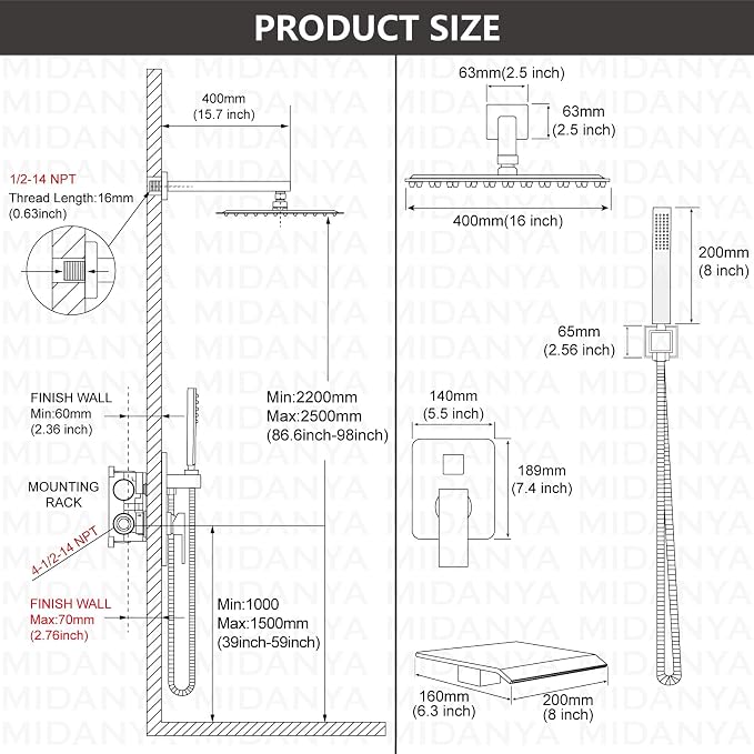 Midanya Shower System with Tub Spout, Bathtub Shower Faucet Set with Square - Image 5