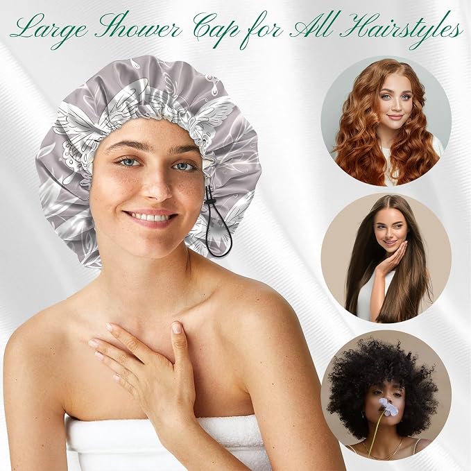 2 PCS Shower Cap Waterproof Double Layer Elastic Adjustable Reusable Hair Bath - Image 4
