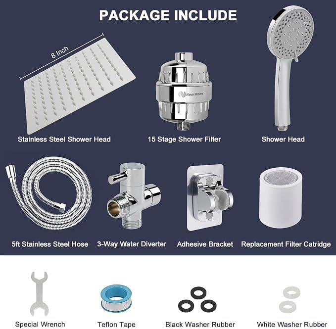 NearMoon Filtered Shower Head, High Pressure 8″Square, 5 settings Handheld Rain - Image 8