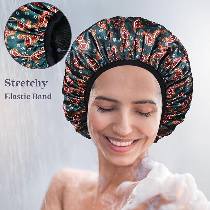 Paisley Satin Shower Cap, Three-Layer Terry Cloth Lined, - Image 6