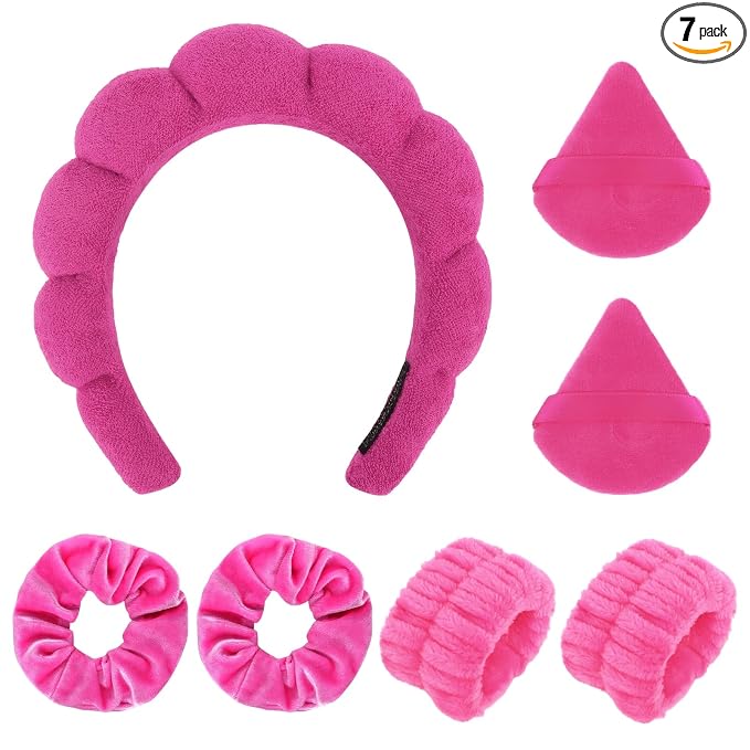 7Pcs Puffy Spa Set: Terry Cloth Headband, Wristbands, Scrunchies, Powder Puffs by ARALUKY