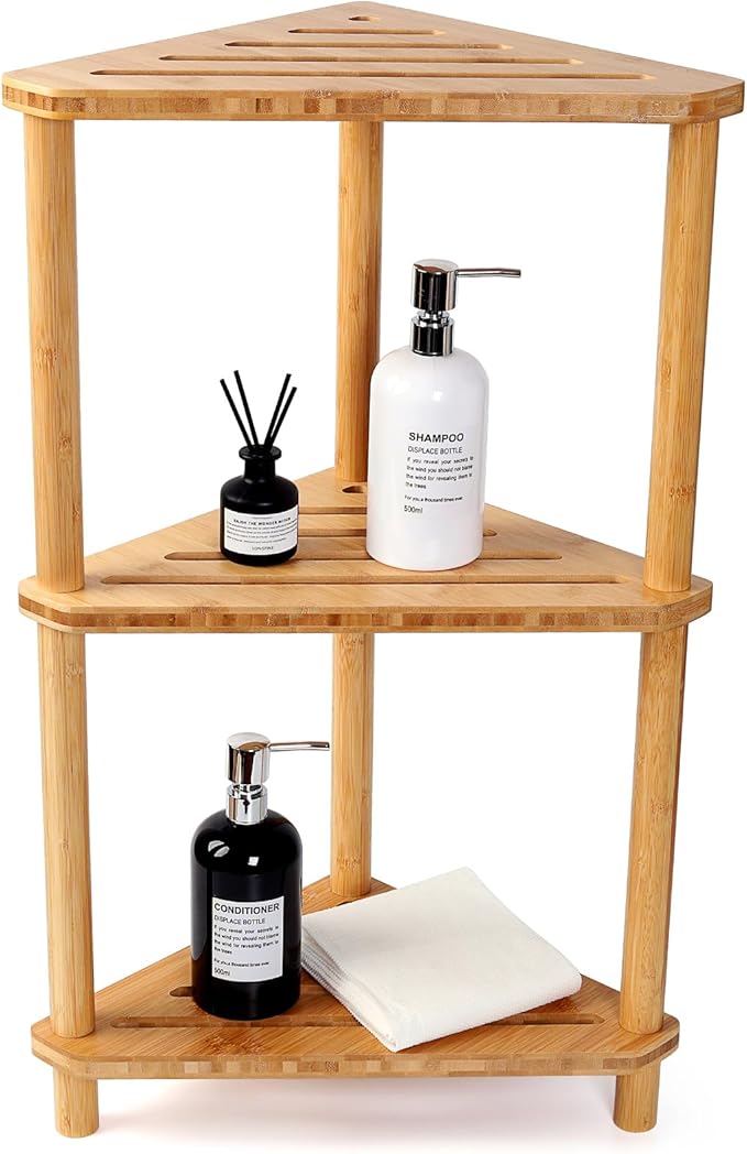 Bamboo Corner Shower Caddy Stand 3-Tier Waterproof, Free Standing Bathroom by Unknown