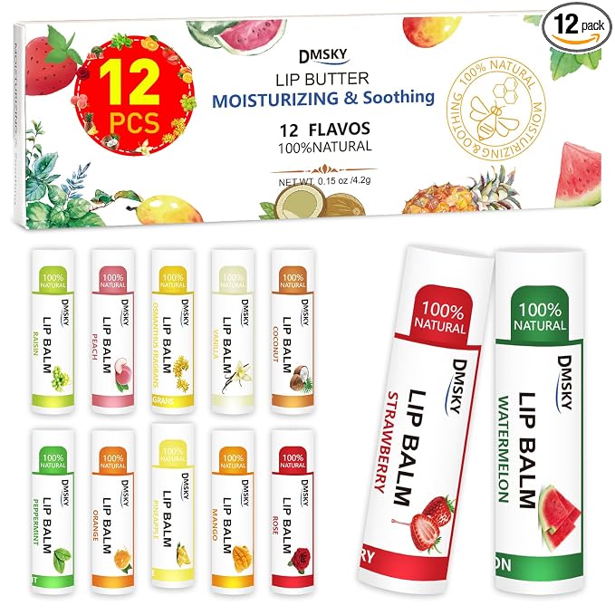 DMSKY 12 Pack Lip Balm, Natural Lip Balm Bulk by DMSKY