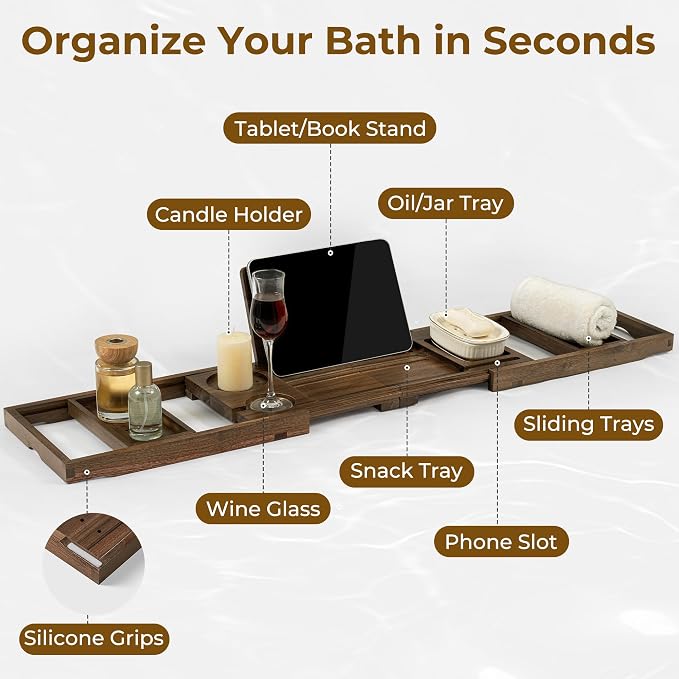 Venusmiles Teak Bathtub Tray Caddy, Foldable Bath Tray - Image 3