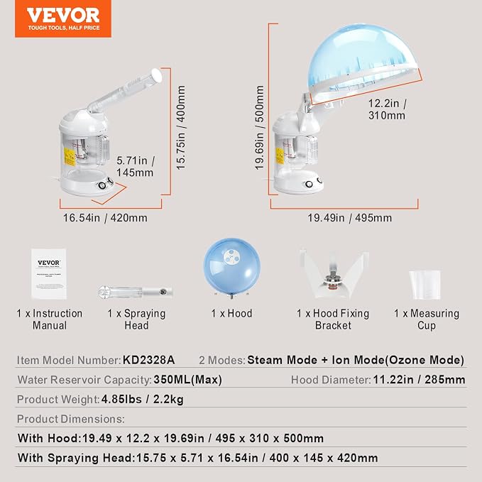 VEVOR Hair Steamer, 2 in 1 UV Ozone Hair & Facial Steamer - Image 7