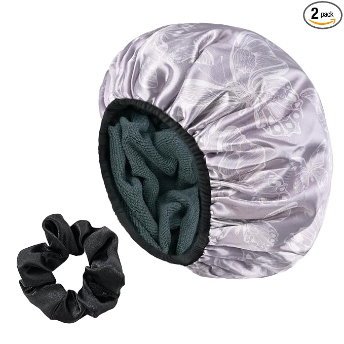 White Butterfly Print Satin Shower Cap, Three-Layer Terry Cloth Lined, by Yonchic