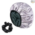 White Butterfly Print Satin Shower Cap, Three-Layer Terry Cloth Lined, by Yonchic