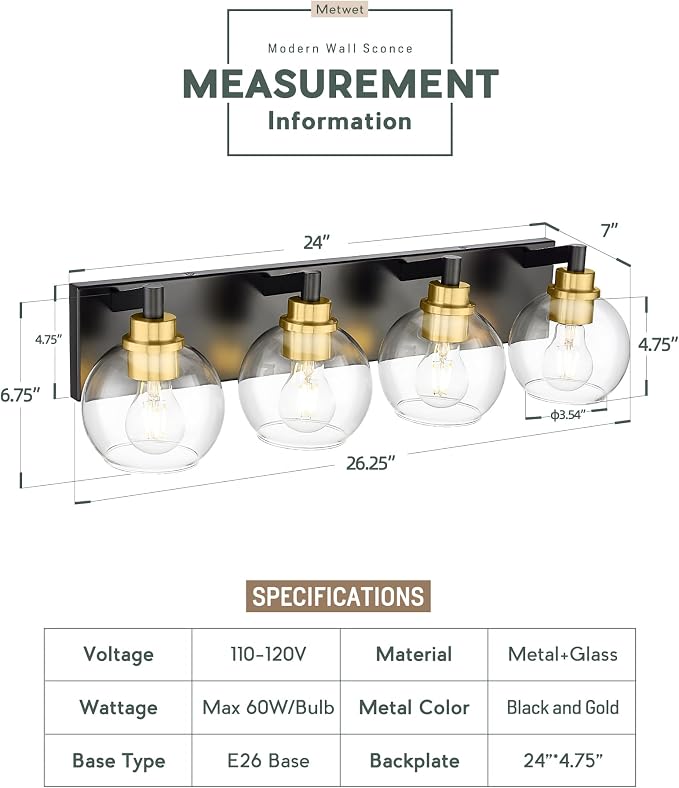 Bathroom Light Fixtures, 4-Light Black and Gold Bathroom Vanity Light, 26 Inch - Image 2