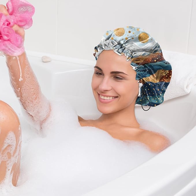 2 PCS Shower Cap Waterproof Double Layer Elastic Adjustable Reusable Hair Bath - Image 7