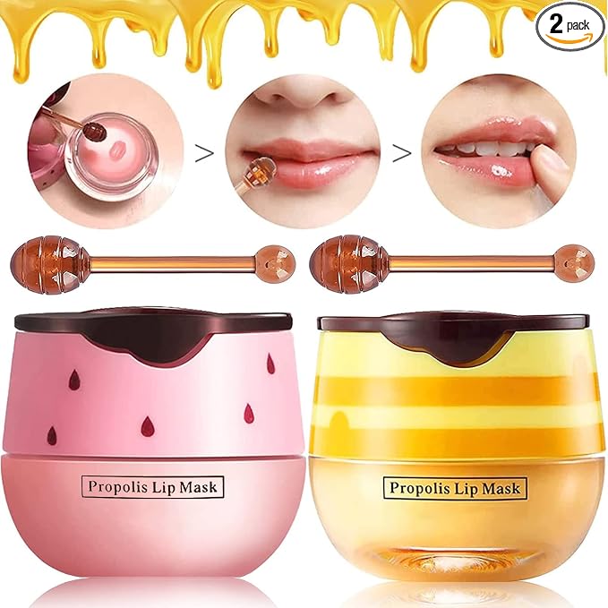 2 Pack Bee Lip Balm Honey Pot, Honey & Strawberry Lip Mask Propolis Lip Mask by LOOBEXERY