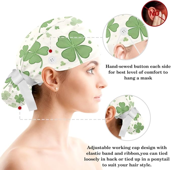 Scrub Caps Women Ponytail Cute Pink and White Leaves Caps Bouffant Working Hat - Image 3