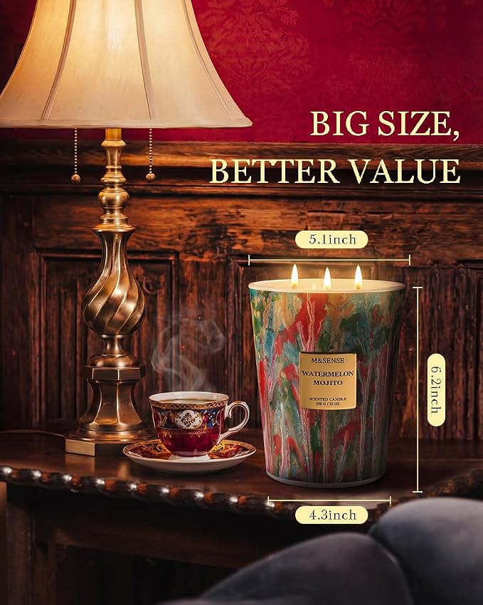M&SENSE Large Watermelon Scented Soy Candle, 35oz 150 Hours 3-Wick Clean Burning - Image 2