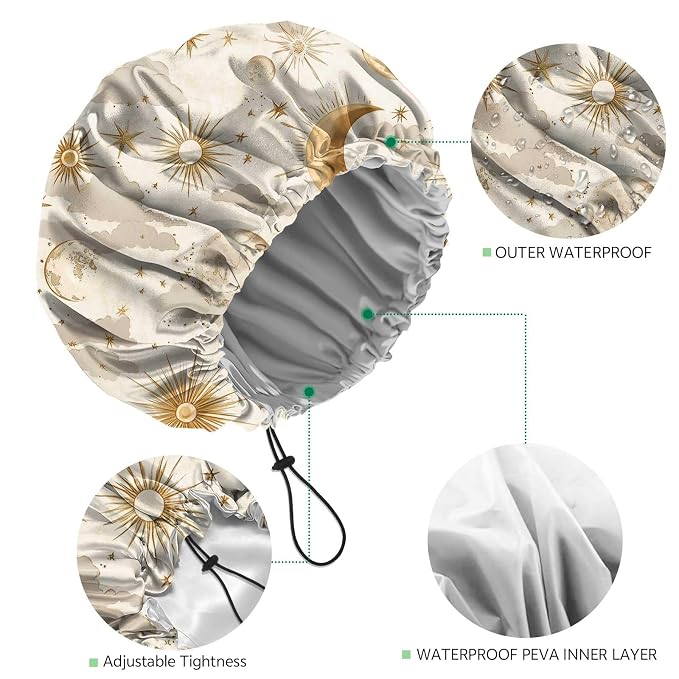 2 PCS Shower Cap Waterproof Double Layer Elastic Adjustable Reusable Hair Bath - Image 3