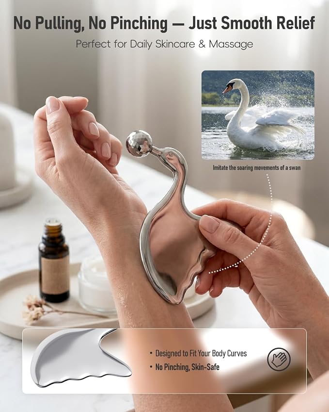Stainless Steel Gua Sha with Eye Roller, 2026 Updated 2 in 1 Swan Shaped Face - Image 2