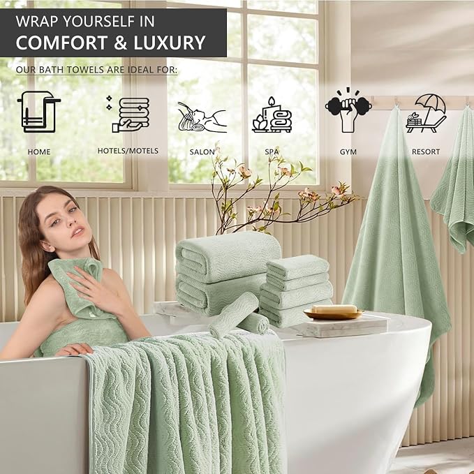 8 Piece Bath Towel Set Green|2 Oversized Large Bath Sheet, 2 Hand Towels - Image 2