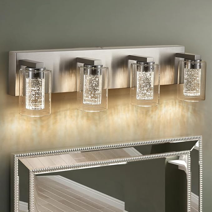 Brushed Nickel 4-Light Vanity Light, Crystal Bubble Glass by yenlacy
