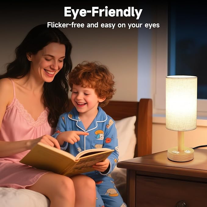 Small Bedside Table Lamp with AC Outlet, Natural Round Wood Base&Fabric Linen - Image 4