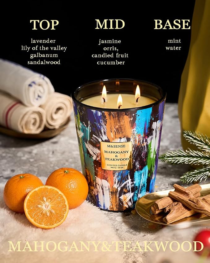 M&SENSE Large 3-Wick Teakwood Scented Soy Candle, 35oz 150 Hours Clean Burning - Image 3